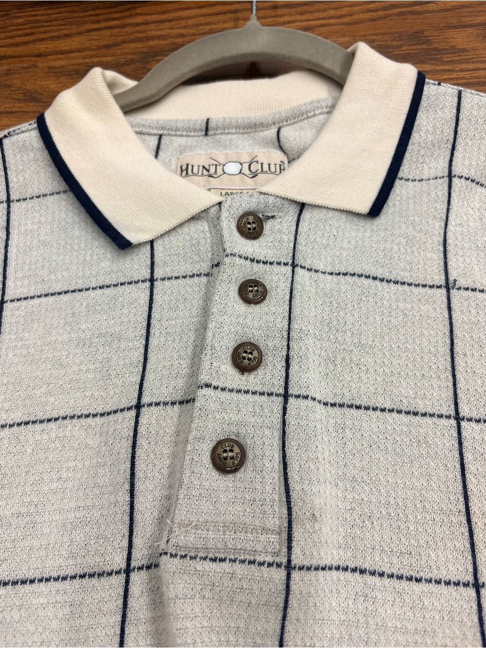 Hunt Club Cream Polo with Navy Windowpane Grid Golf Shirt